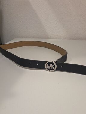 Michael Kors Black Leather Belt with Silver MK Round Buckle